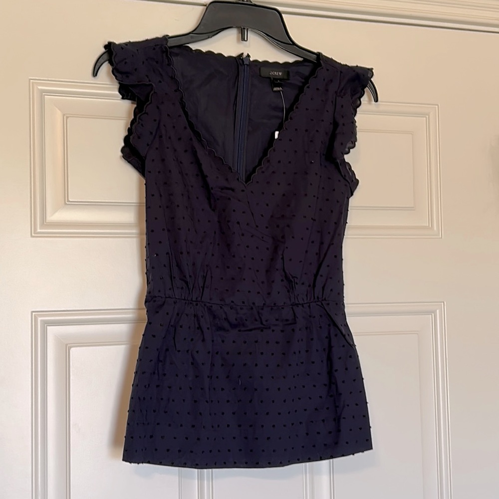 J. Crew navy embroidered Swiss dot ruffle cap sleeve V-neck blouse- NWT Sz 0